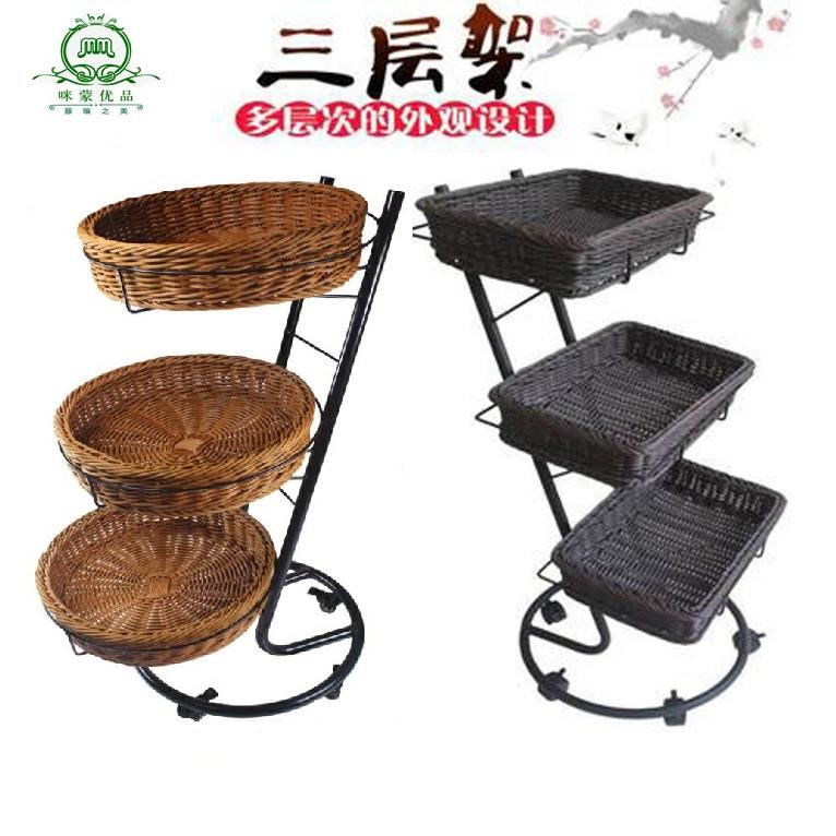 商超陈列货架仿藤编织篮货架水果商店展示架可移动三层藤编篮架子