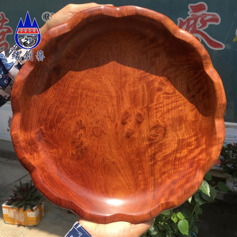 红木果盘实木质大果紫檀茶杯托盘整木料挖空一物一图花朵收纳碟子
