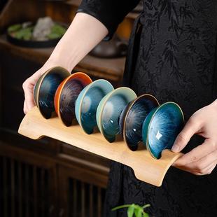 窑变建盏茶盏陶瓷茶杯 6个不同颜色斗笠杯茶碗品茗杯套装竹茶杯架