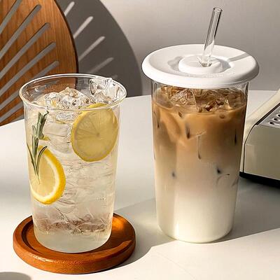 简约透明玻璃吸管杯带盖水杯子冰美式拿铁咖啡杯饮品奶茶杯果汁杯