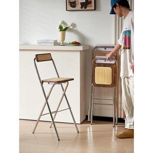 折叠高脚凳子靠背椅吧台椅实木藤编高椅极有家中古家用新款酒吧椅