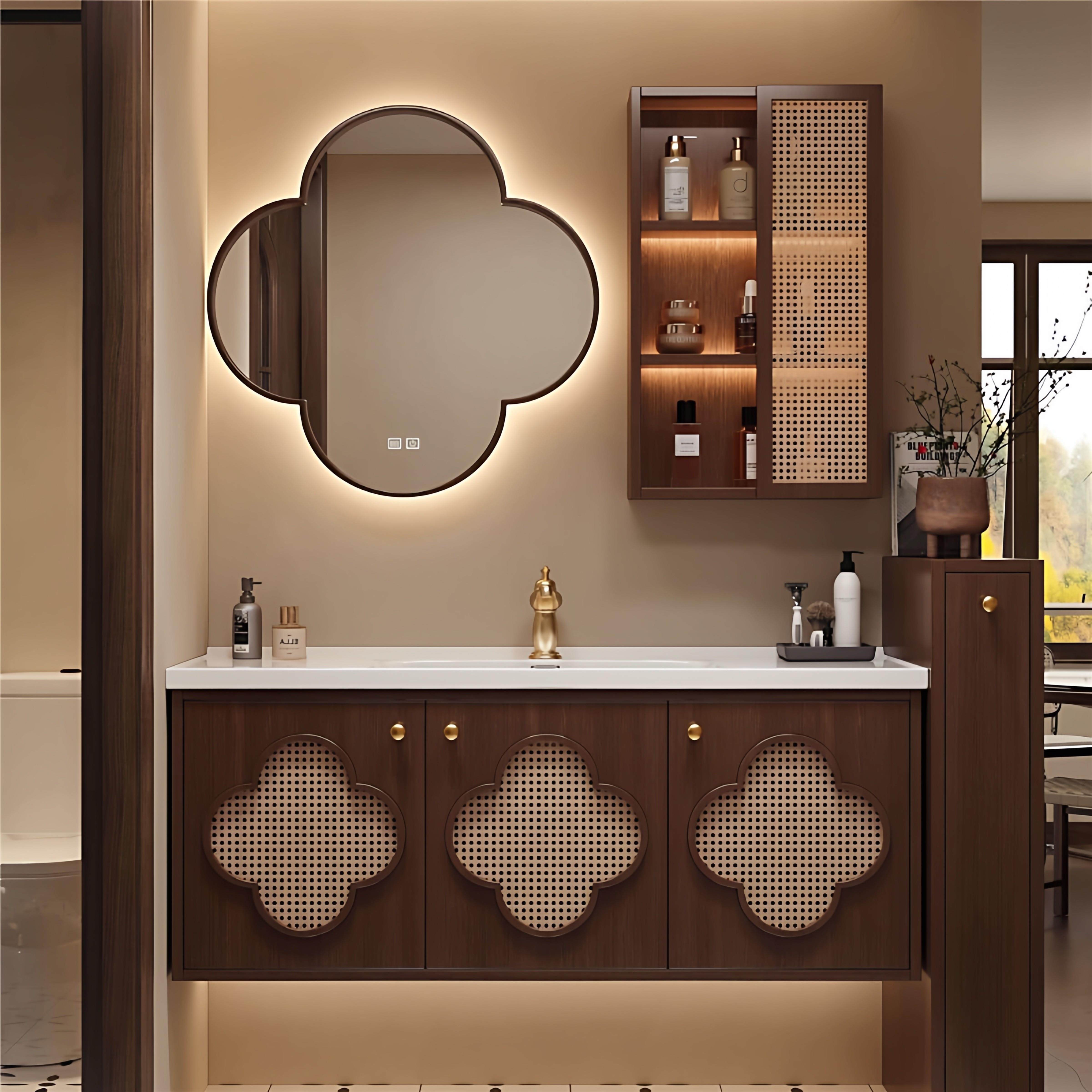 宋氏美学中古风陶瓷一体浴室柜组合藤编复古橡木洗脸盆卫生间洗漱