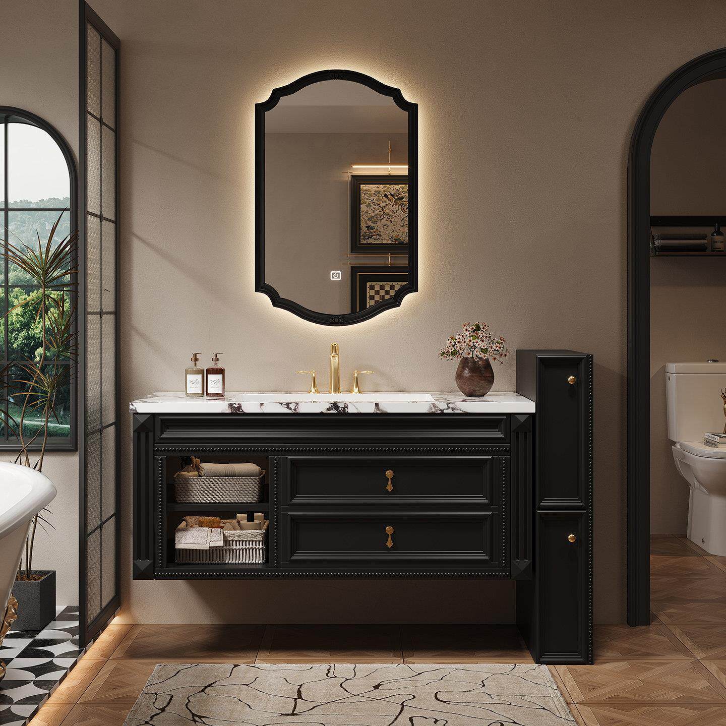 法式复古风陶瓷一体盆卫生间橡胶木落地侧边柜浴室柜洗漱台定制