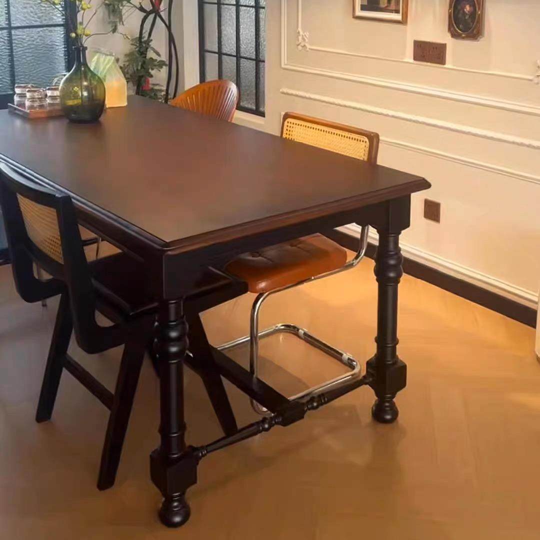 法式实木餐桌侘寂风美式乡村别墅长桌家用小户型中古风饭桌黑色桌