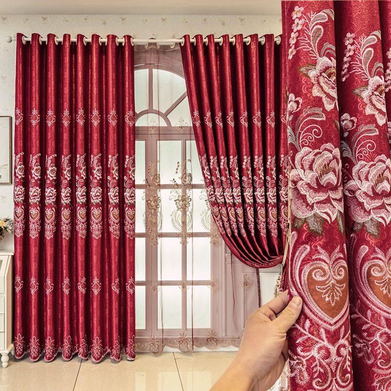 2024高档喜庆绣花窗帘布料成品欧式卧室客厅加厚双层遮光落地定制