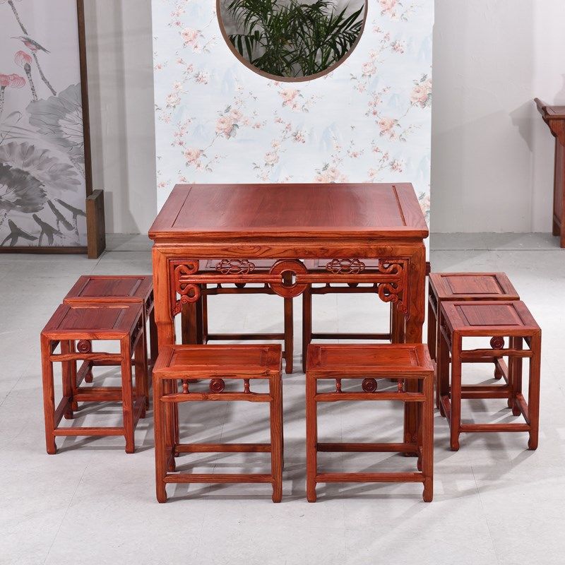 实木八仙桌中式仿古饭店酒楼民宿榆木餐桌椅长凳组合农村正方形桌