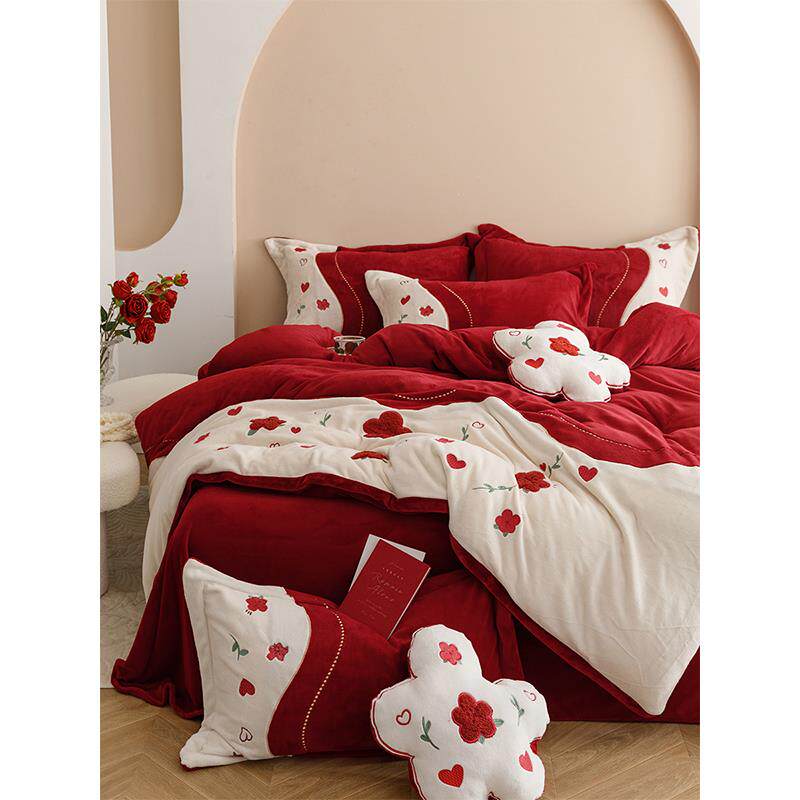 冬季保暖牛奶绒婚庆四件套加厚红色珊瑚毛绒结婚被套床单床上用品