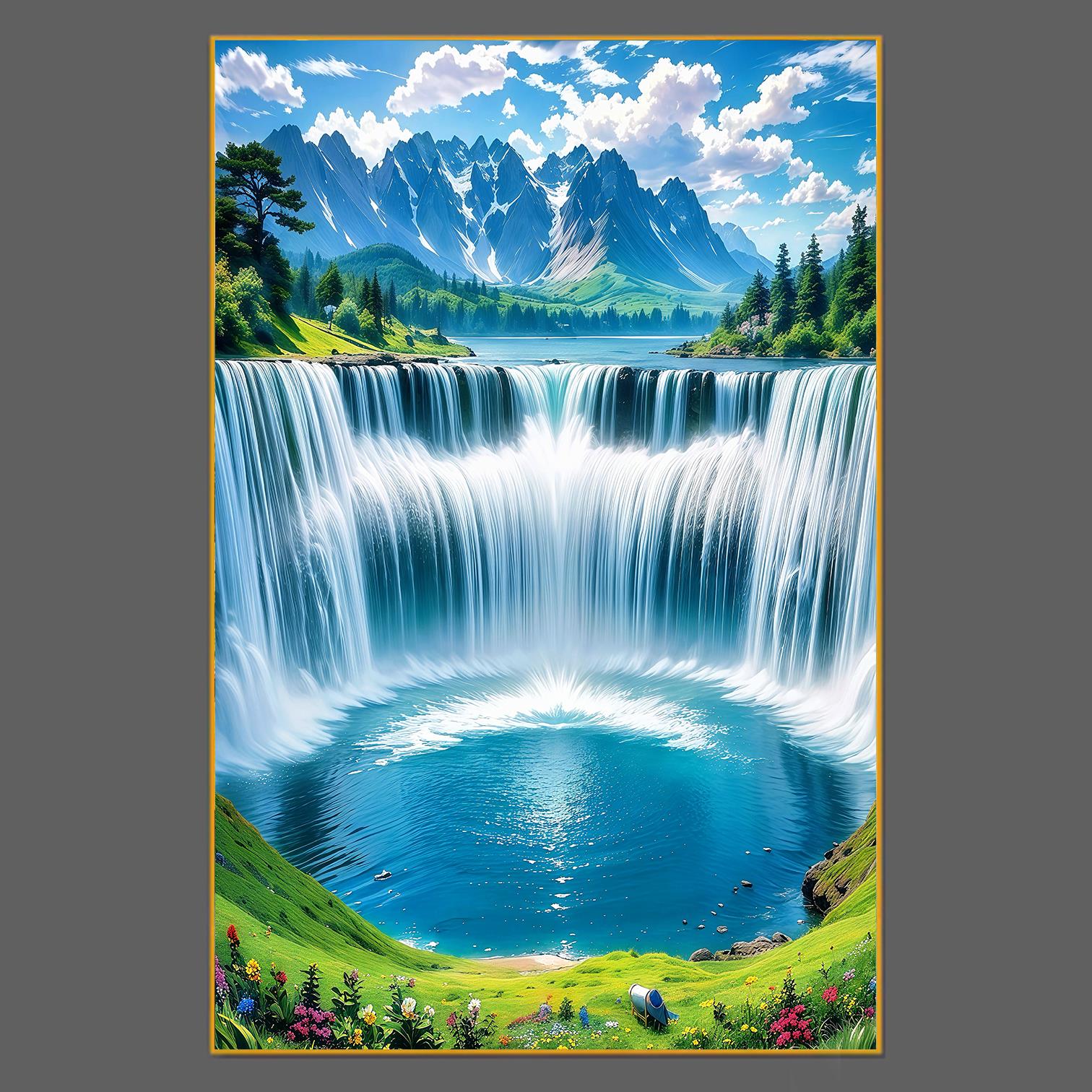 瀑布山水画图客厅玄关装饰画走廊过道平面晶瓷铝合金框画