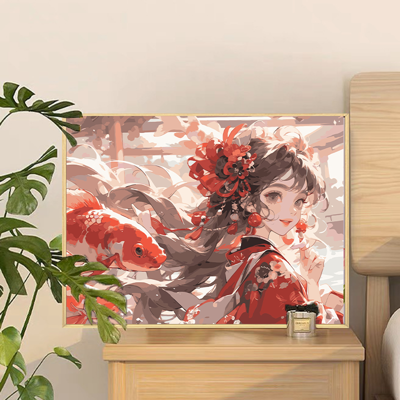 锦鲤国潮古风少女数字油画diy填充色手工绘画画卡通鱼丙烯装饰画图片