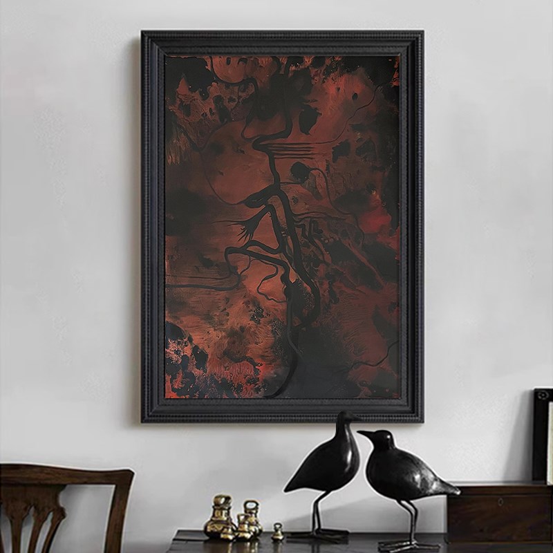 日式中古风黑红植物花卉酒店玄关手绘油画侘寂客厅装饰品摆件挂画图片