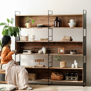 老松木三格书柜侘寂风大型铁艺实木置物柜复古原木落地靠墙书架