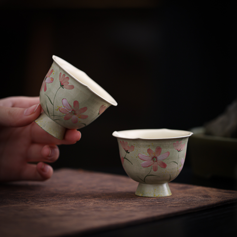 宏逐粉引纯手绘格桑花茶杯