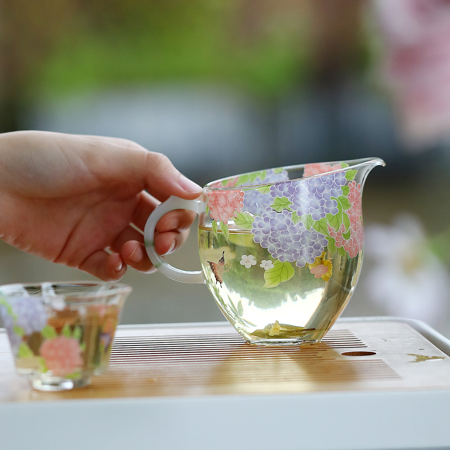 宏逐绣球花玻璃公道杯高档带把手分茶器匀杯日式加厚单个泡茶茶海