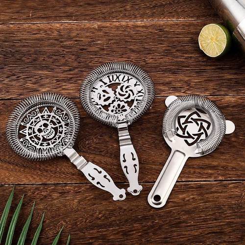 专业花式鸡尾酒调酒工具隔冰器304不锈钢滤冰器霍桑刻花纹骷髅头