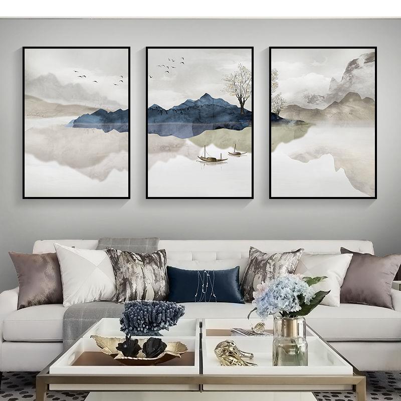 新中式客厅装饰画招财山水三联画沙发背景墙挂画茶室书房禅意壁画