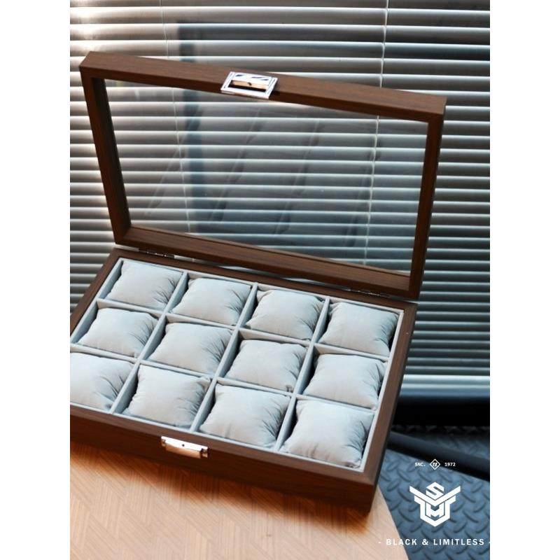 覆古黑胡桃图案木制12位手表存储显示显示盒木制丝绸棉枕头大小手