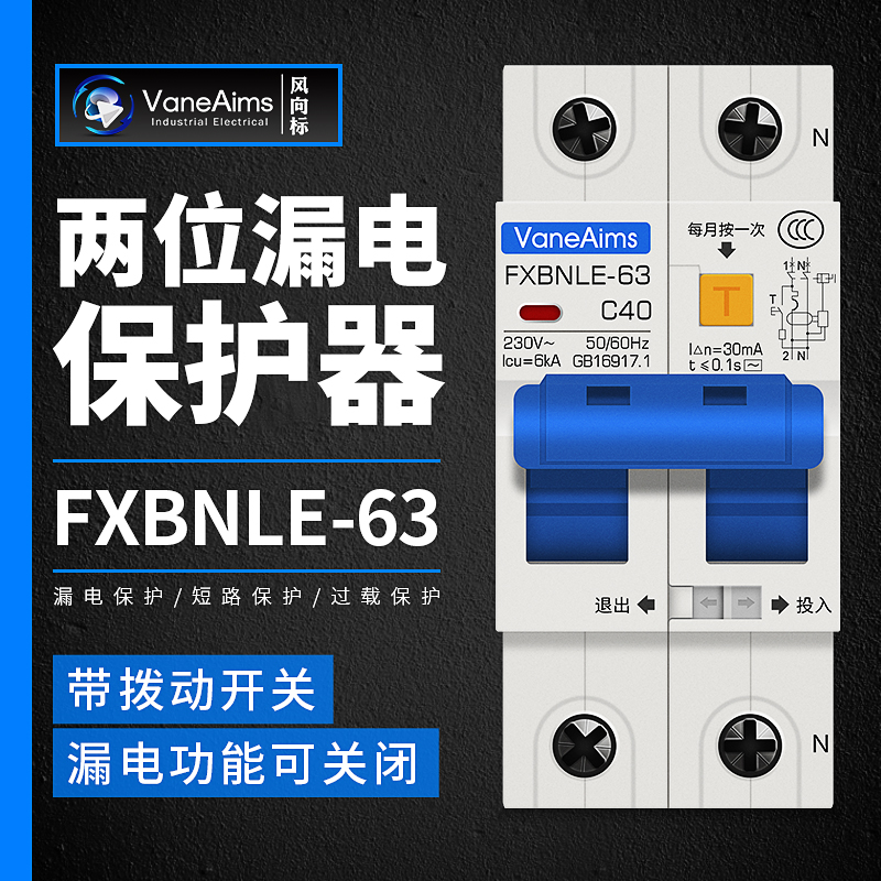 空气开关带漏电保护器2P63A 家用小型漏保断路器双线空开只占两位