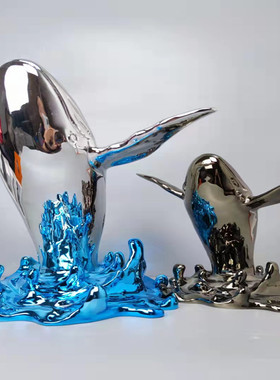 现代新款创意电镀鲸鱼动物雕塑摆件售楼处样板间酒店会所软装饰品