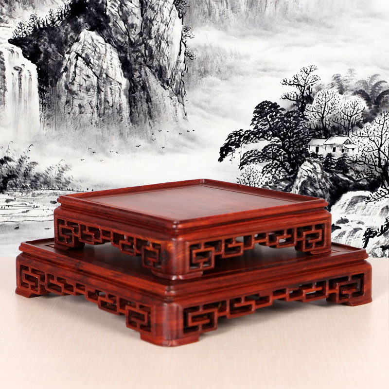红檀木回纹长方正方实木底座文物花瓶盆景茶具摆件印章玉石木托架