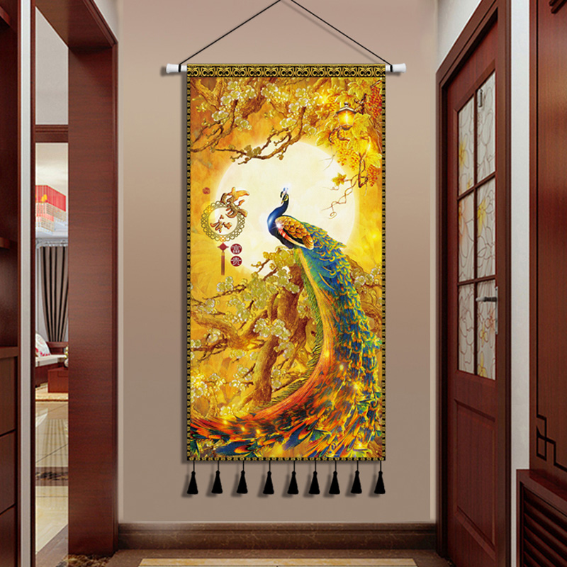 新中式玄关挂毯客厅装饰画孔雀挂布餐厅挂画布艺走廊茶室墙面布画图片