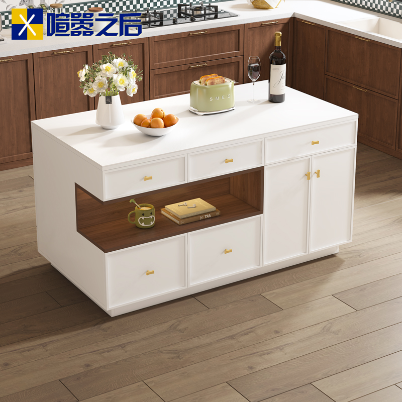 奶油风家用岩板岛台餐桌一体开放式齐平中岛台吧台茶桌饭桌子8E40