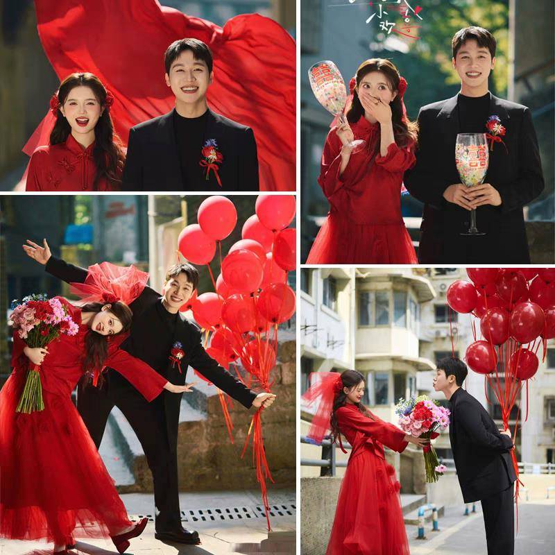 新中式年代感婚纱摄影道具外景街拍秀禾汉服拍照酒杯手捧花红头纱