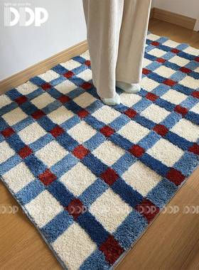 Ddp原创中世纪包豪斯覆古韩国海蓝色格纹博客卧室客厅衣帽间簇绒