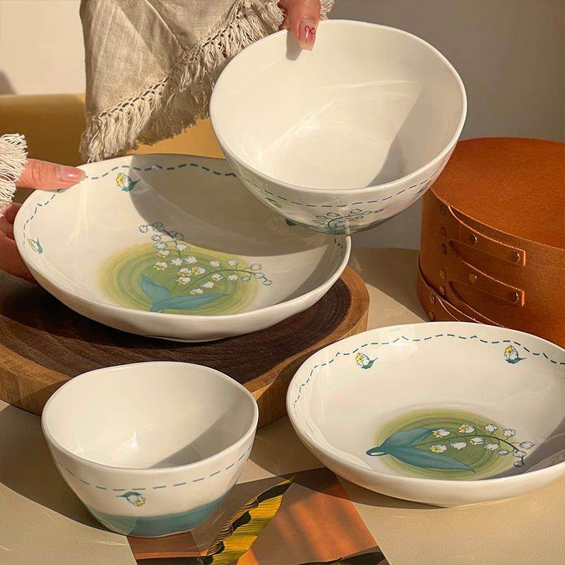ins风绿铃兰花小清新碗盘家用盘子高颜值米饭碗陶瓷餐具盘子深盘