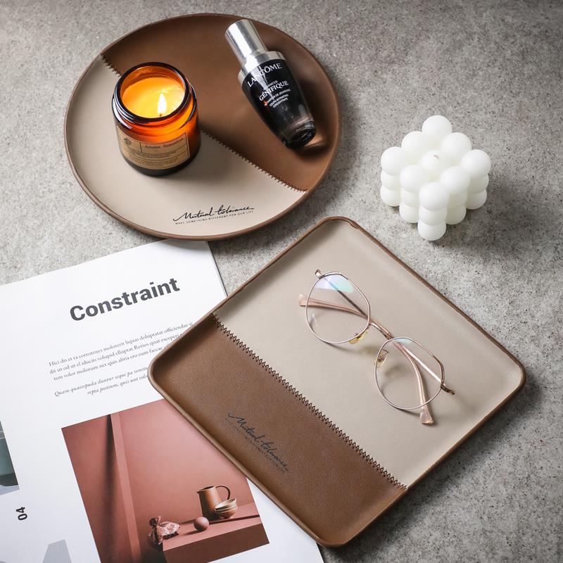 不锈钢皮革北欧装饰收纳盘杂物钥匙首饰盘子玄关茶杯水杯香薰托