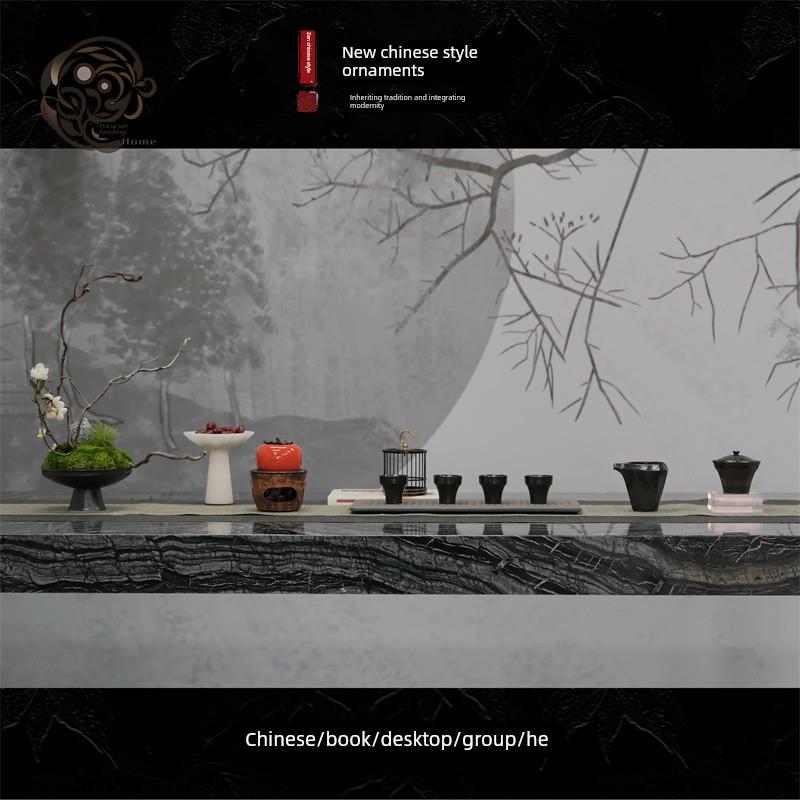 样板间新中式茶桌摆件套装覆古茶艺茶具茶盘组合茶室装饰品软装