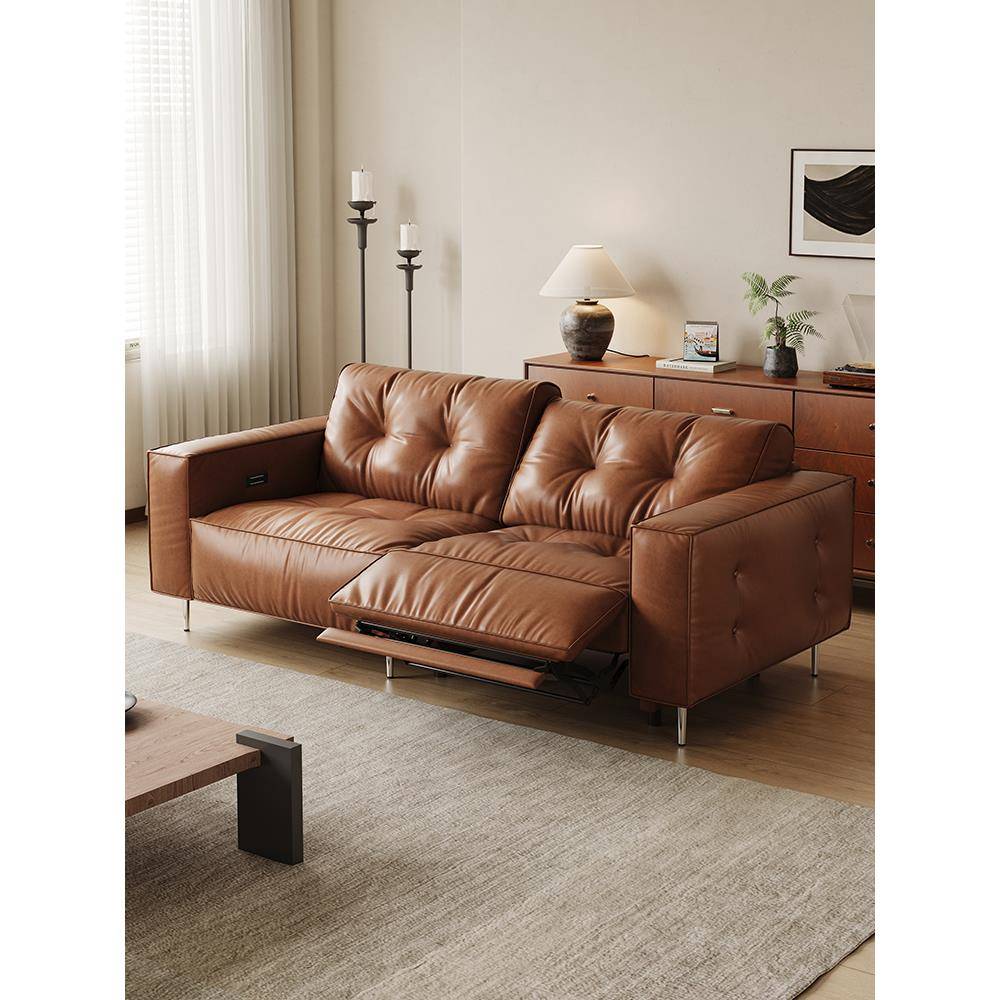 覆古真皮电动功能中叶风格油蜡真皮沙发直排三个座位焦糖色可伸缩