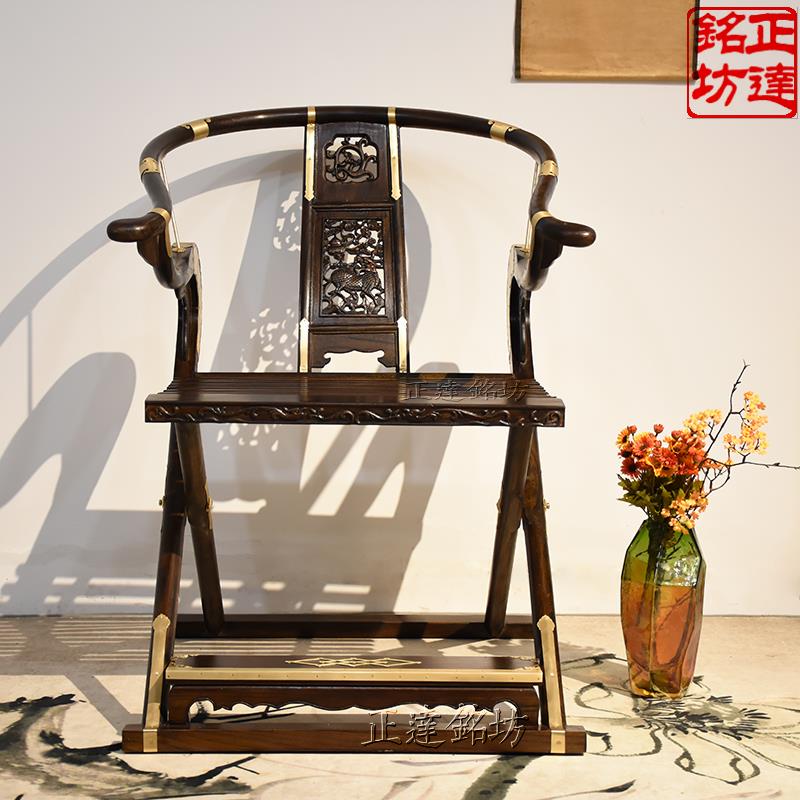 明式圈椅交椅交叉椅主人椅中式镂空雕花明清仿古古典榆木折叠交椅