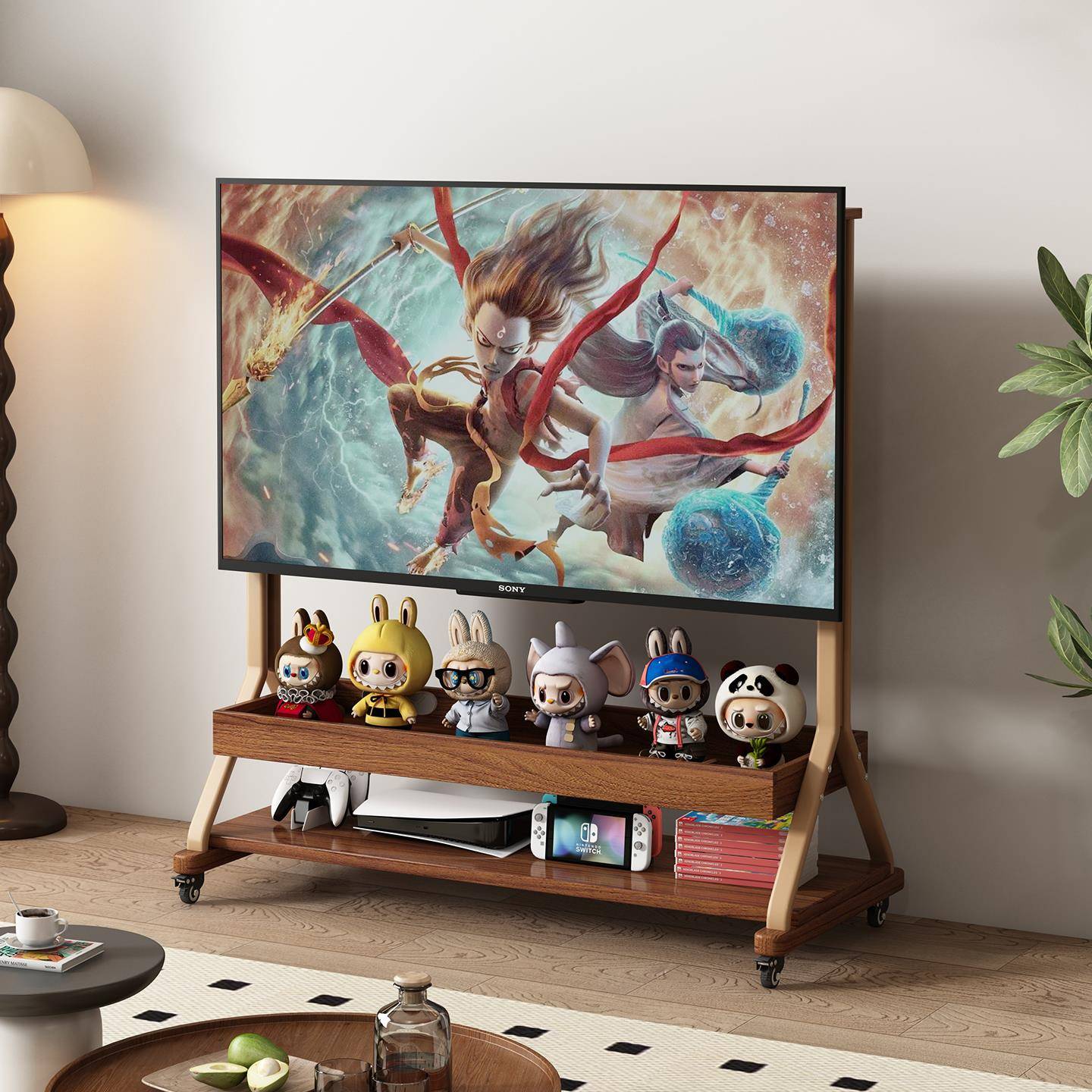 实木可移动电视机柜客厅家用2025新款小户型落地储物带轮电视支架