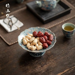 葵口高足果碟点心盘水果盘 汝窑繁花似锦果盘茶点盘高脚盘复古老式