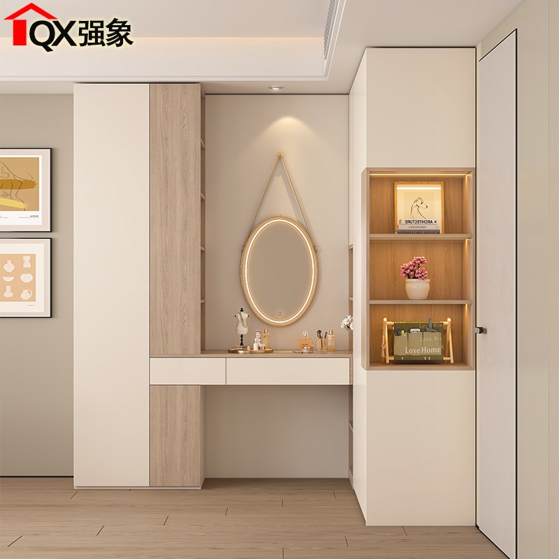 奶油风转角衣柜梳妆台一体小户型卧室家用大容量衣柜书桌9