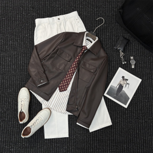 美拉德翻领夹克外套 机车服男士 秋季 休闲双口袋皮衣男短款