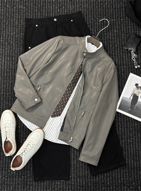 美式休闲立领PU软皮衣男士骑行复古灰色机车服皮夹克外套