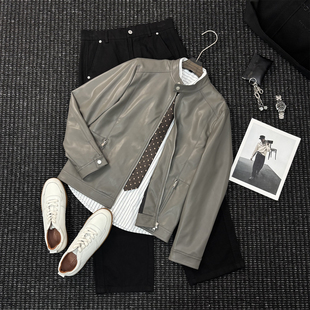 美式 骑行复古灰色机车服皮夹克外套 休闲立领PU软皮衣男士