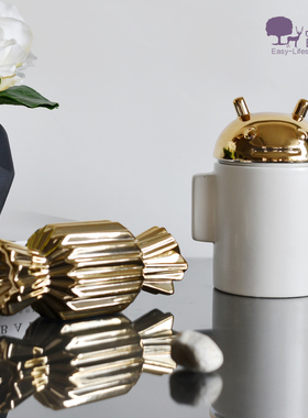 现代简约科幻科技感机器人陶瓷金色糖果摆件客厅家用趣味软装饰品