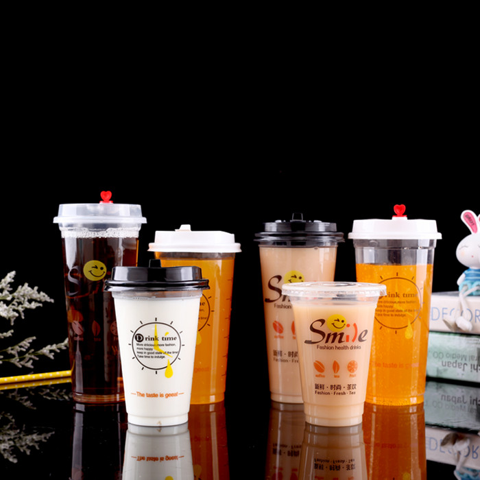 90口370/420/500/550/600/700新笑脸一次性果汁奶茶塑料杯1000只