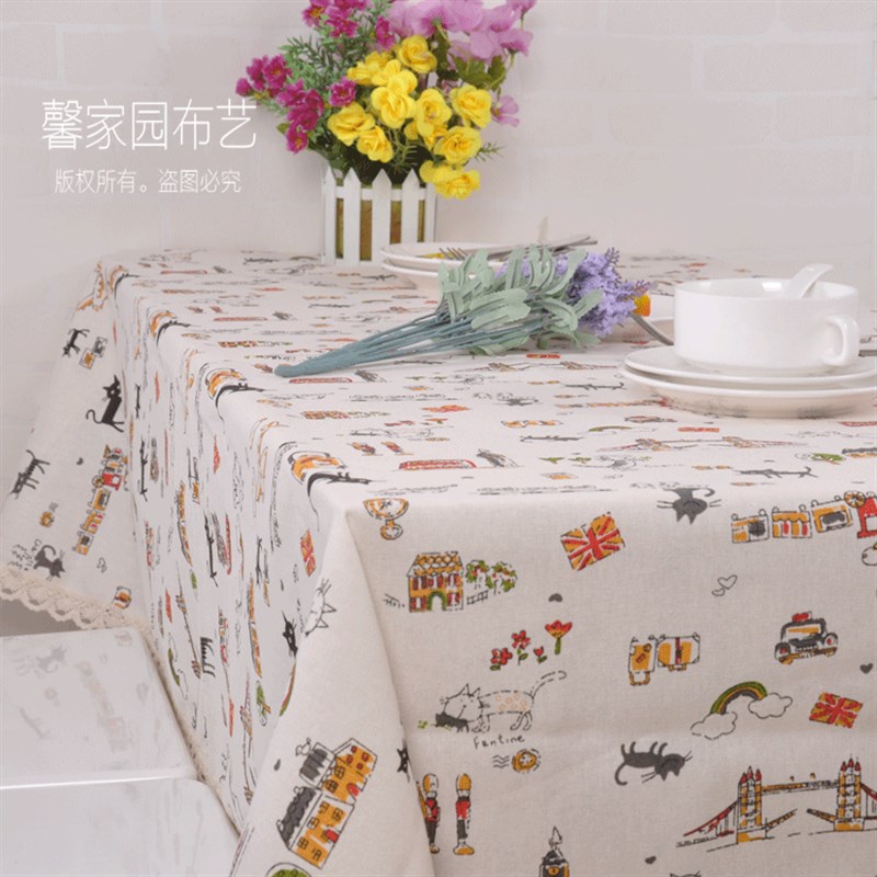 【馨家园】卡通黑色小猫咪 棉麻桌布 茶几布亚麻 多种尺寸可选