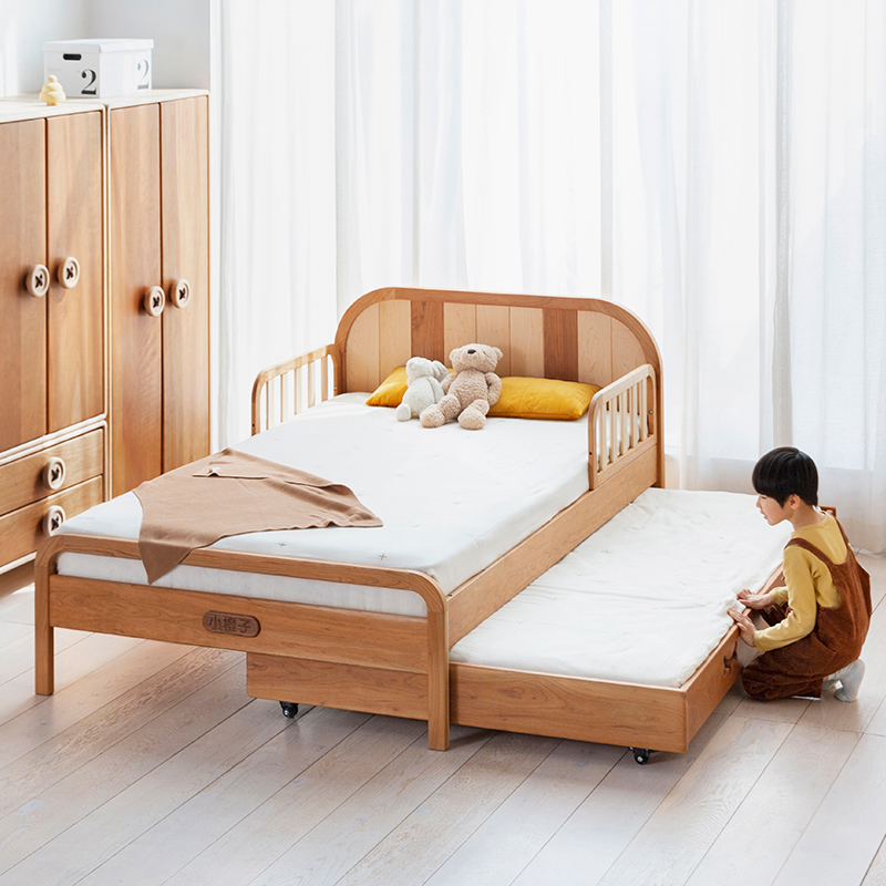 上形孩在 浅色款摩卡儿童床 小户型 可选护栏拖床 实木儿童床