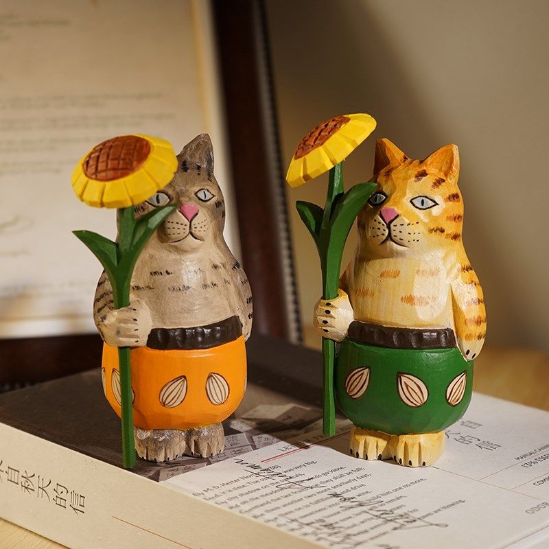 举向日葵猫咪手工木雕小摆件实木雕刻可爱卡通电视柜桌面摆放装饰