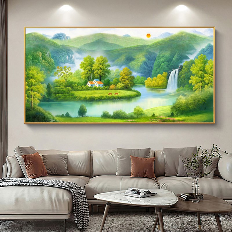 客厅沙发背景墙装饰画聚宝盆风景山水挂画流水生财办公室书房壁画