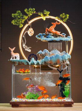 大型陶瓷流水鱼缸摆件循环水养鱼室内装饰假山造景乔迁办公室送礼