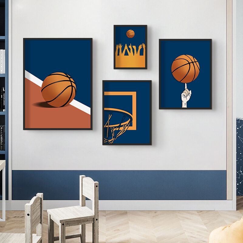 现代简约儿童房挂画男孩卧室床头装饰画体育馆运动篮球组合装饰画图片