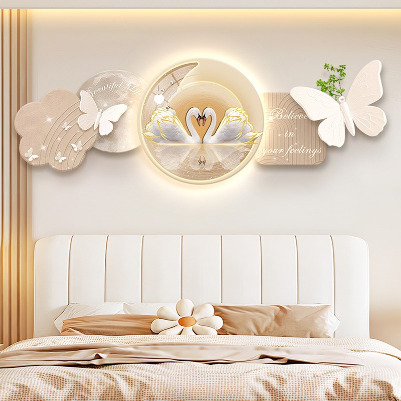 新款奶油风卧室床头挂画房间背景墙led氛围灯发光装饰画天鹅壁画