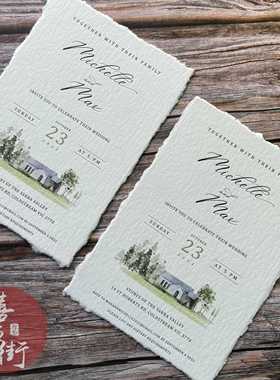 手撕棉毛边纸letterpress凸版凹印烫金请柬印刷结婚照邀请函喜帖