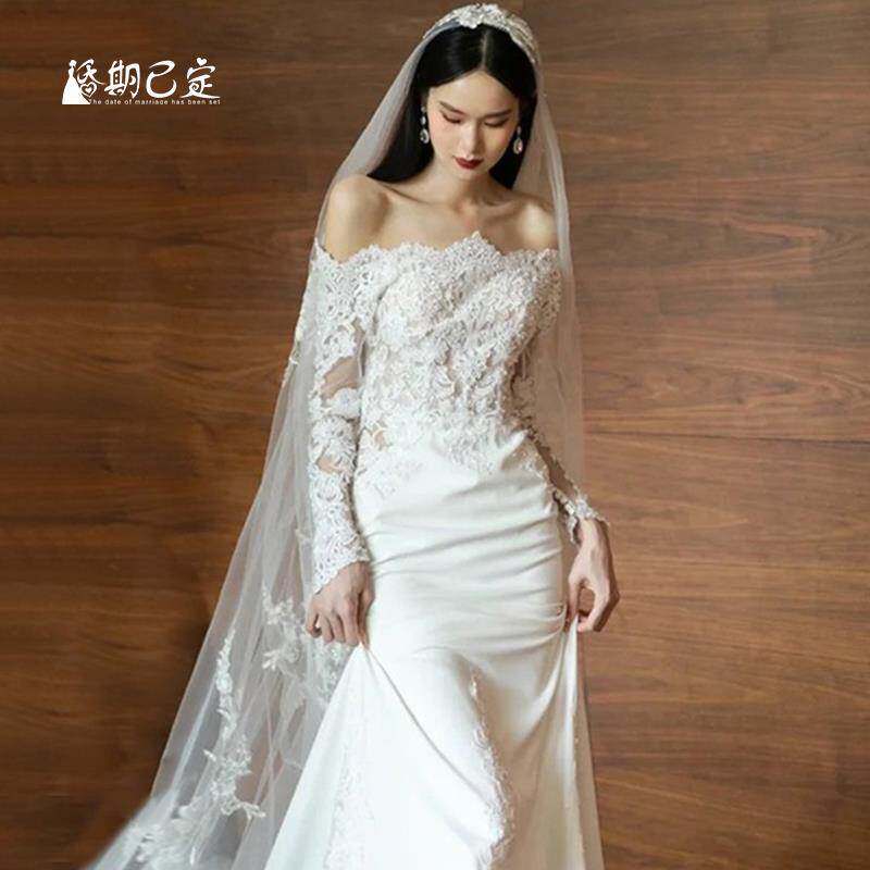 头纱新娘主婚纱高级感头饰覆古花朵长版拖尾结婚婚礼奢华超仙盖头