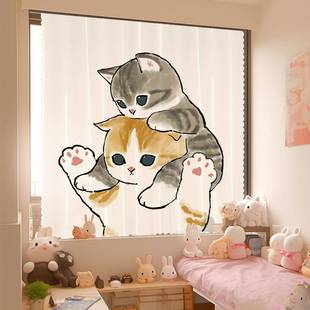 可爱猫咪魔术贴窗帘简易帘子小窗帘免打孔安装 遮阳布自粘式 短款